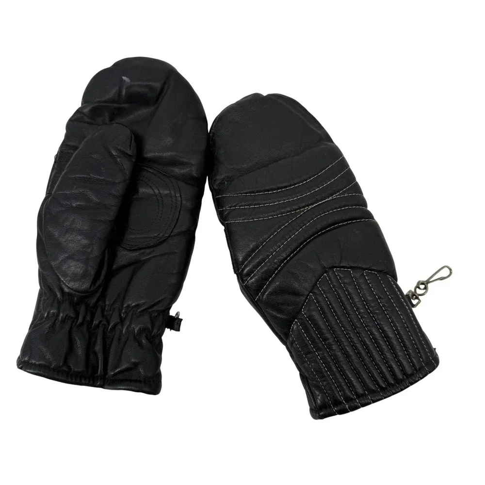 Vintage Grandoe Leather‎ Mittens Lined Black Gloves Winter Ladies Large